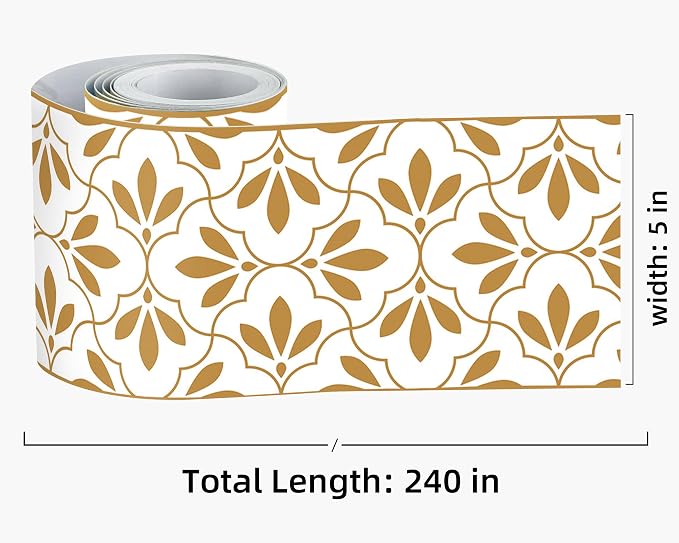 FLFK Wallpaper Border Gold and White Patterns Peel and Stick Wall Border Self - Image 2