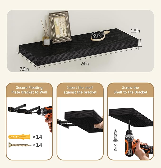 Vervida® 3 Pack Black Floating Shelves, Holds Up to 37 Lbs, - Image 3