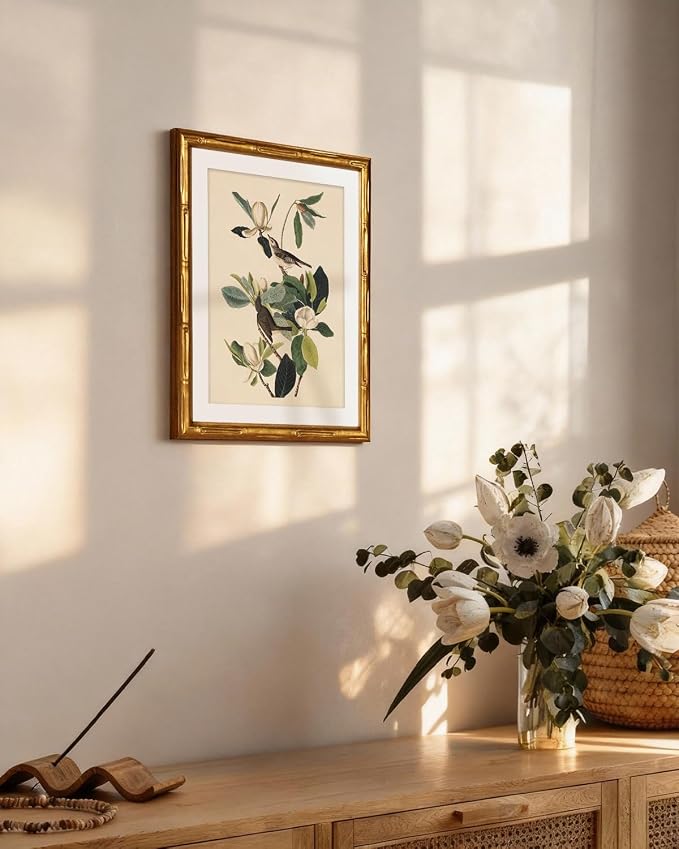 InSimSea Gold Bamboo Framed Canvas Wall Art, Neutral Bird Botanical Paintings - Image 7