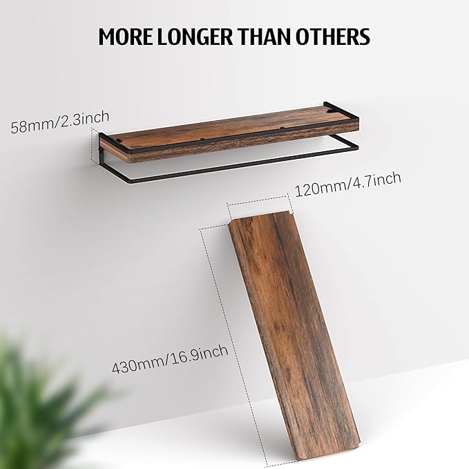 Meangood Floating Shelves Wall Mounted Set of 2, Towel Bar Rustic Wood Wall - Image 3