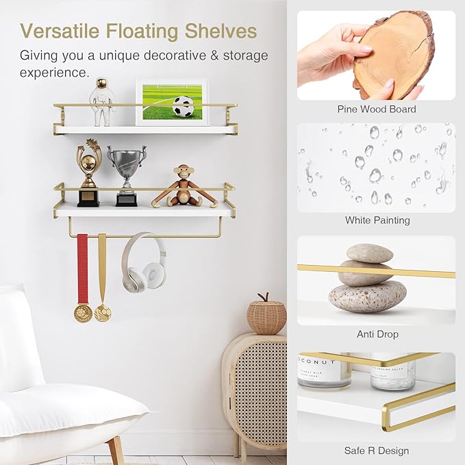 Forbena Floating Bathroom Shelves Wall Mounted, Aesthetic White and Gold Shelves - Image 7