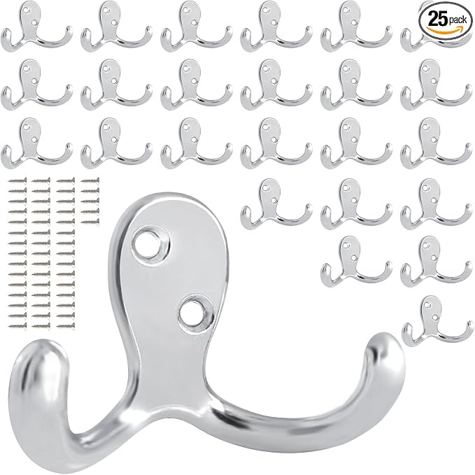 25 Pack Coat Hooks Wall Hooks for Hanging, Heavy Duty Double Prong Metal Hook by CBWLWJ