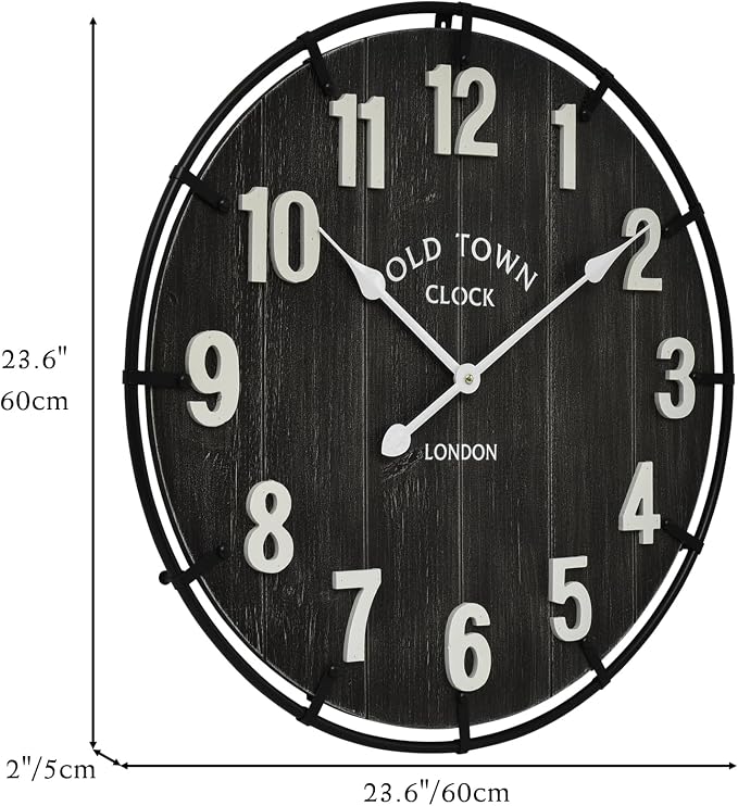 EMAX HOME Large Old Town Farmhouse Black Wall Clock 24 Inch Rustic Antique Wood - Image 4