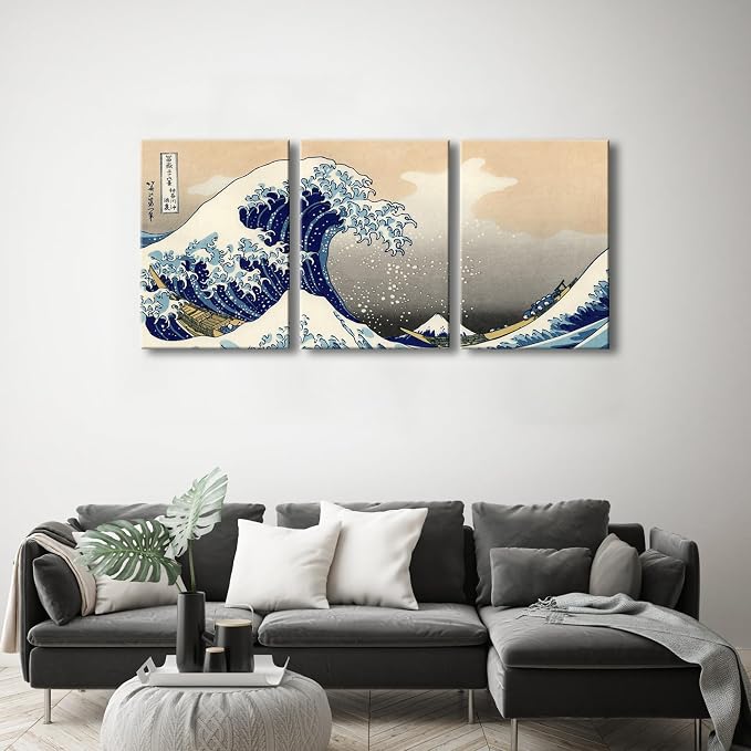 Wieco Art Great Wave of Kanagawa Katsushika Hokusai 3 Piece Modern Canvas - Image 3