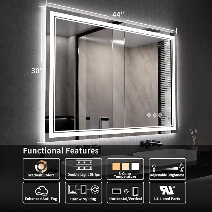 Bathroom Mirror, 44x30 Inch Gradient Front and Backlit Smart Mirror, 3 Colors - Image 2