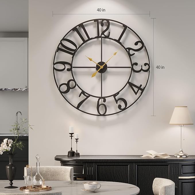 40 Inch Large Wall Clock, Silent Non-Ticking Battery Operated Black Metal Wall - Image 3