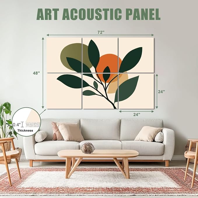 6 Pack Art Acoustic Panels Sound Absorbing Boho Botanical Leaf Orange Green - Image 2