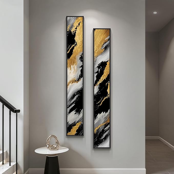 Framed Long Narrow Vertical Abstract Wall Art Set, 2 Piece Black White Gold by Cuspin