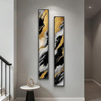 Framed Long Narrow Vertical Abstract Wall Art Set, 2 Piece Black White Gold by Cuspin
