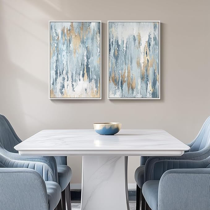 White Framed Blue and Gold Abstract Canvas Wall Art - Image 4