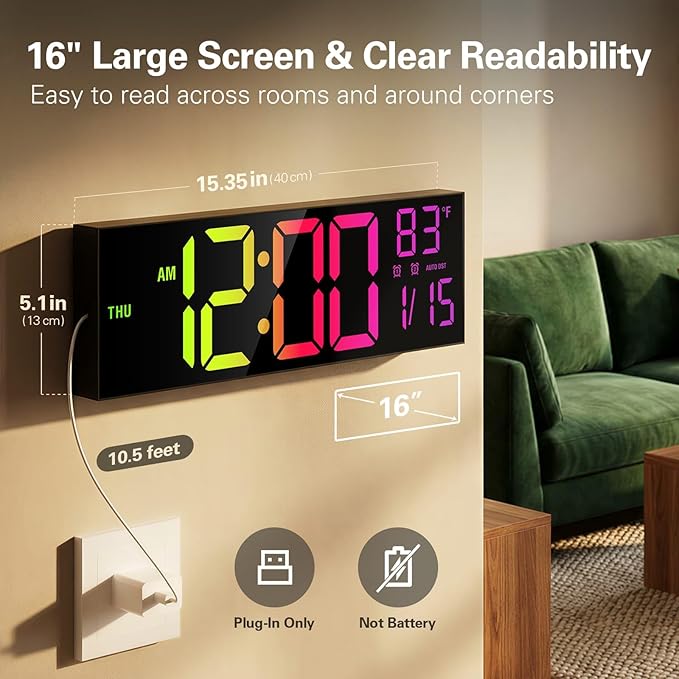 JALL 16.15 inch Large Digital Wall Clock, RGB Lights - Image 3