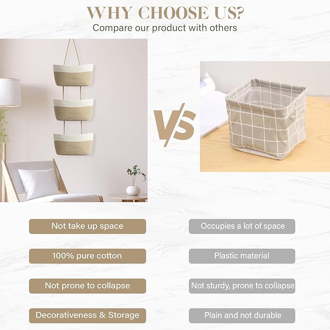 TeoKJ Over the Door Hanging Basket, 3-Tier Woven Cotton Wall-Mounted Storage - Image 7