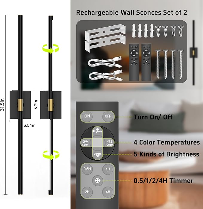 iThird Battery Operated Wall Sconces Set of 2: 10000mAh Rechargeable Wall Lights - Image 2