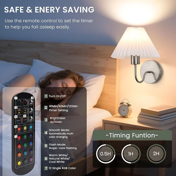Wireless Wall Sconce Sets of 2, Pleated Shades Rechargeable Battery Operated - Image 6