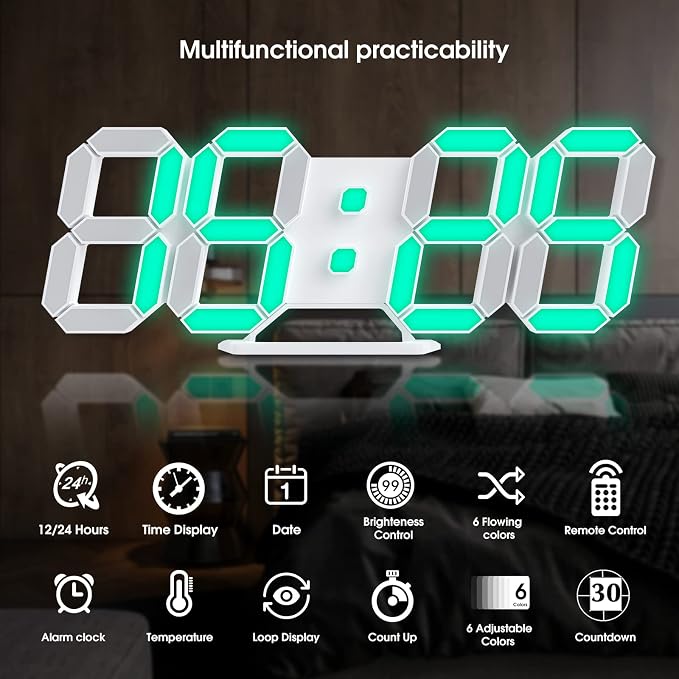 3D LED Digital Wall Clock 9.7" RGB Neon Alarm Clock, Large Display Desk/Wall - Image 3