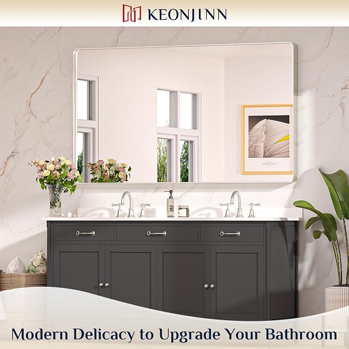 Keonjinn Brushed Nickel Mirror 60 x 36 Inch Large Silver Bathroom Mirror - Image 2