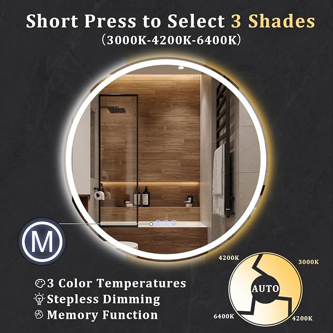 BEAUTYPEAK 40x40 LED Round Bathroom Mirror - Image 3
