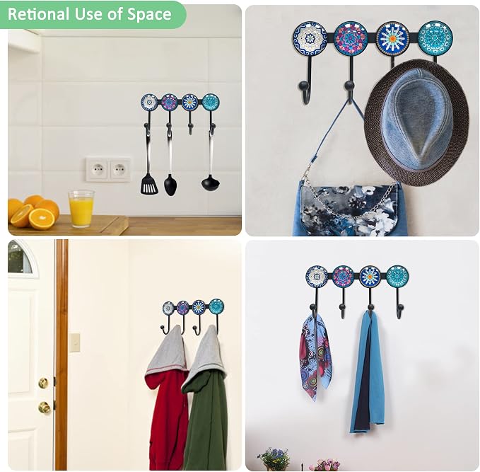 Coat Rack Wall Mounted with 4 Hooks, Round Blue Pattern Decorative Wall Hooks - Image 6