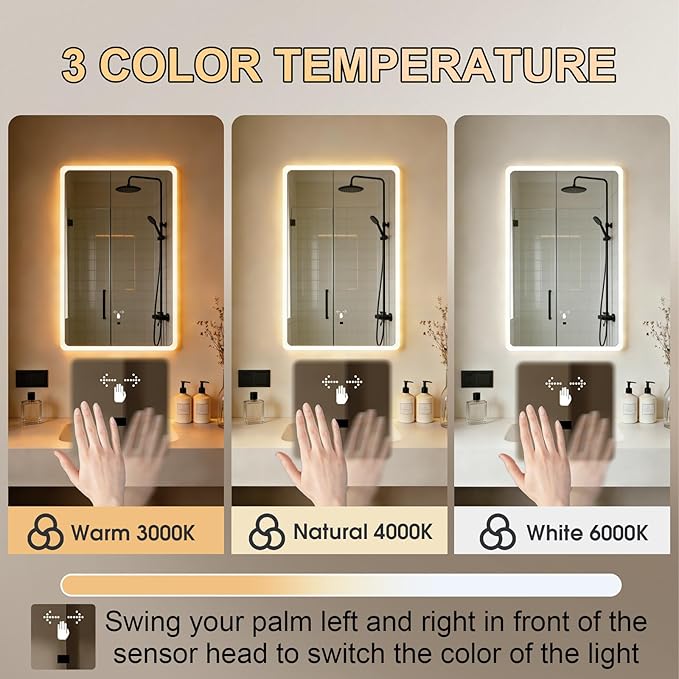 WARM&LOVE 16 x 24 Inch LED Bathroom Mirror, Hand Scan Sensor Anti-Fog Bathroom - Image 4