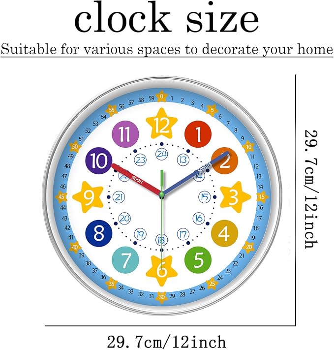 XFM Colorful Kid Wall Clock 12 Inch Silent Non Ticking Quartz Battery Operated - Image 5