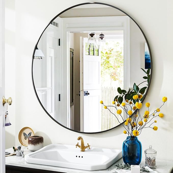 VooBang Black Round Bathroom Mirror, 24 inch Circle Wall Mounted Hanging Mirror by VooBang