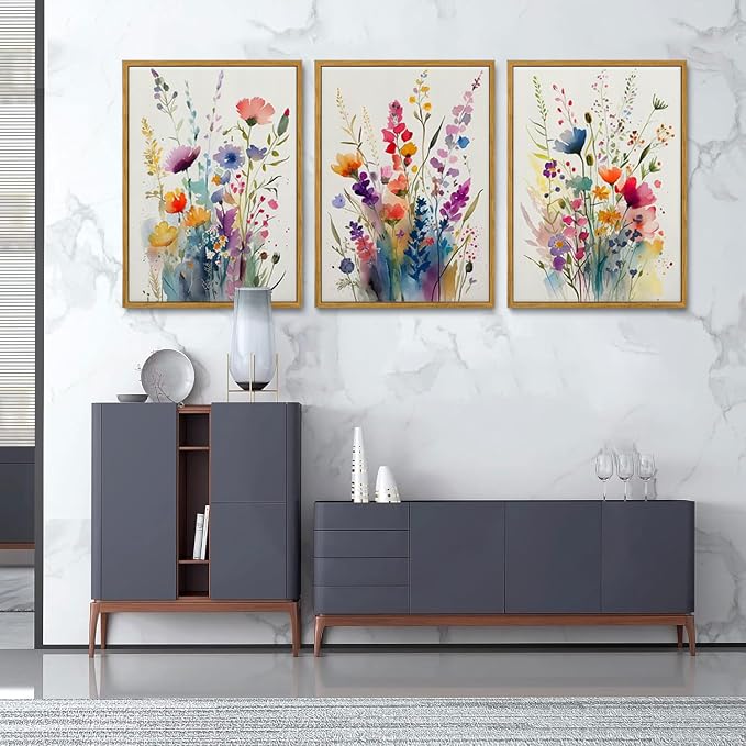 KISSFOX Framed Colorful Wildflower Canvas Wall Art Set Of 3 Flowers Pictures - Image 5