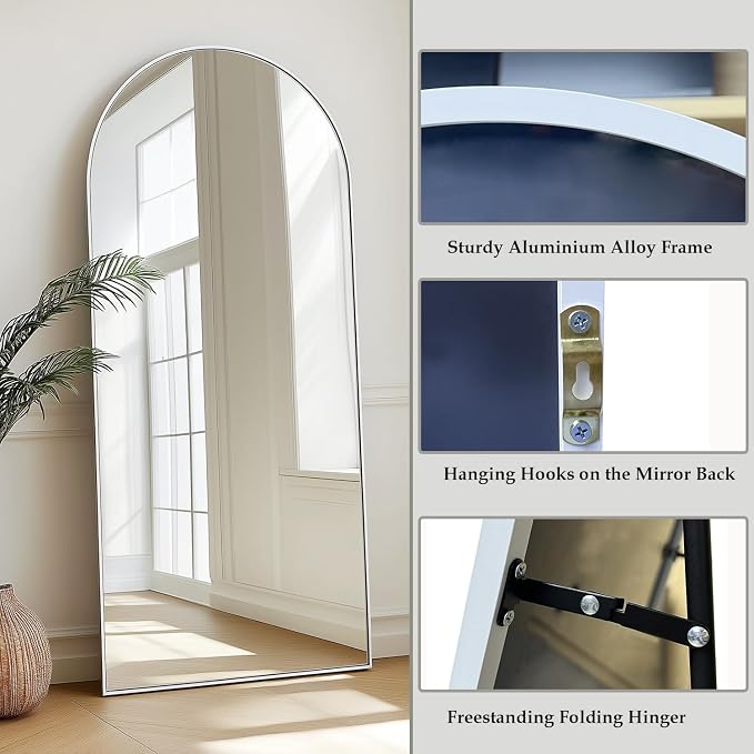 Dewfig Arched White Full Length Mirror, Full Body Mirrors - Image 6