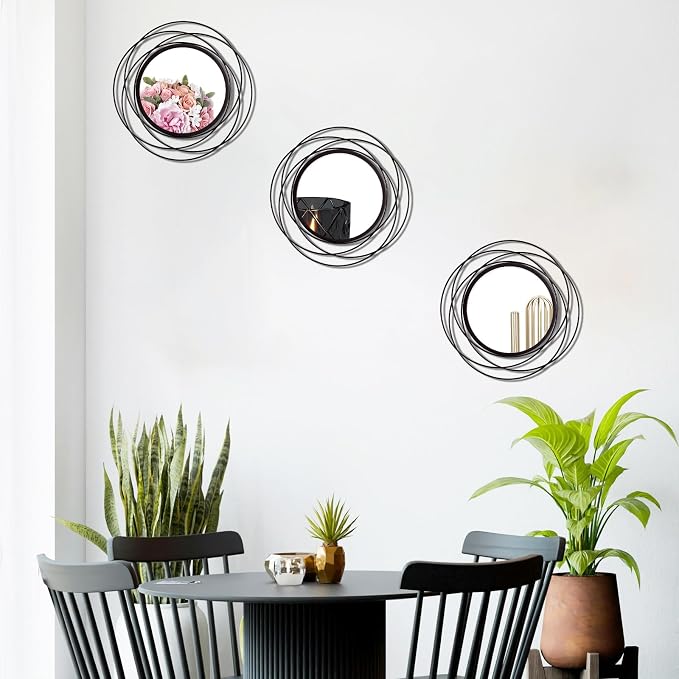 3 Set 9.5 Inch Black Circle Mirrors Wall Decor Iron Frame Wire Mirror Metal - Image 2