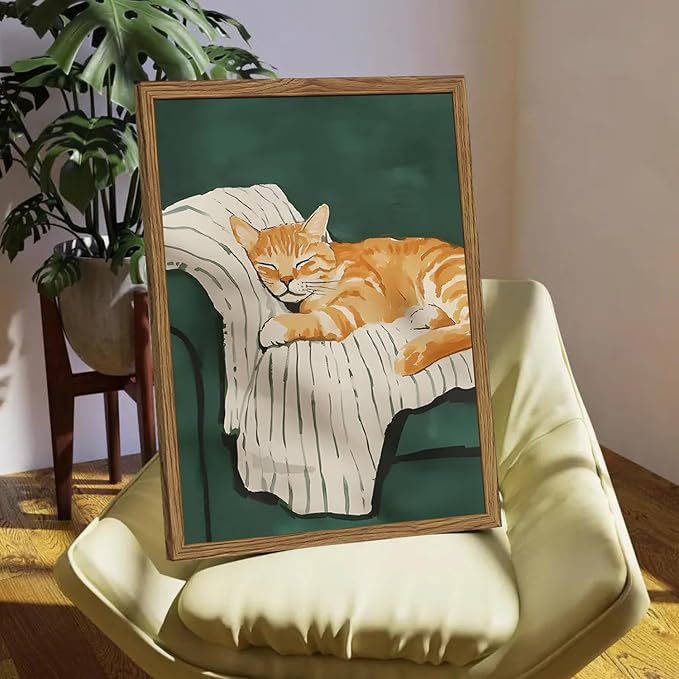 Funny Cat Wall Art Cute Cat Sleeping on Couch Wall Decor Painting Orange Pet - Image 7