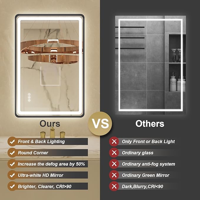 24x36 Inch Black Frame LED Bathroom Mirror - Image 3