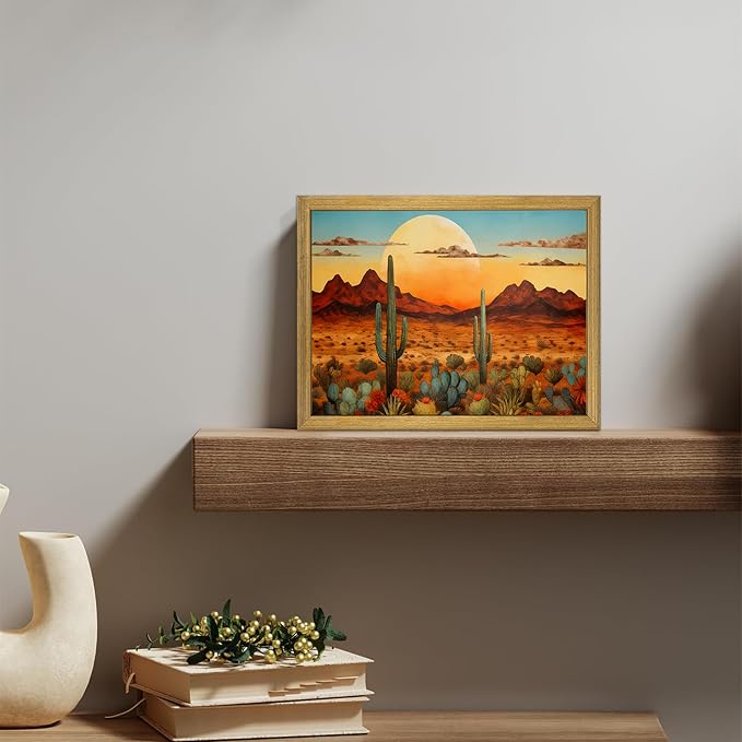Framed Western Desert Sunset Cactus Wall Art, Vintage Southwest Nature - Image 5