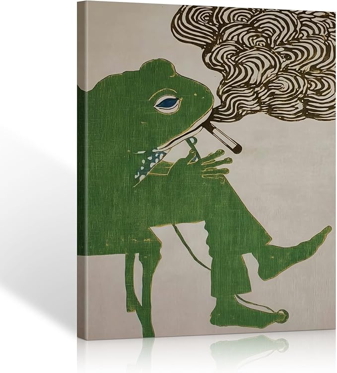 ALMLZL Funny Smoking Frog Wall Art Humorous Animal Whimsical Green Frog Canvas by ALMLZL