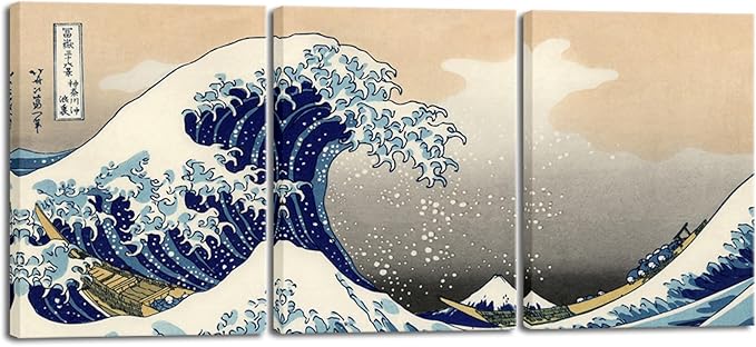 Wieco Art Great Wave of Kanagawa Katsushika Hokusai 3 Piece Modern Canvas by WiecoArt