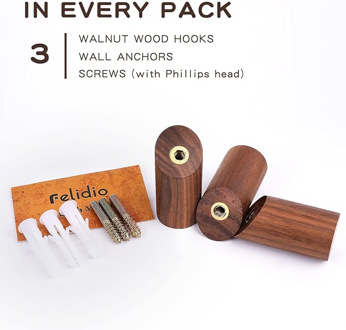 Felidio Wood Wall Hooks, 3 Pack Rustic Coat Hook Wall-Mounted, Decorative Hooks - Image 5
