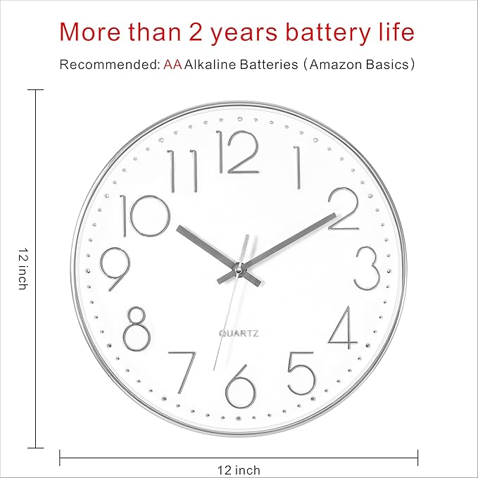 Foxtop Silver Wall Clock Silent Non-Ticking Battery Operated Round Modern Wall - Image 2
