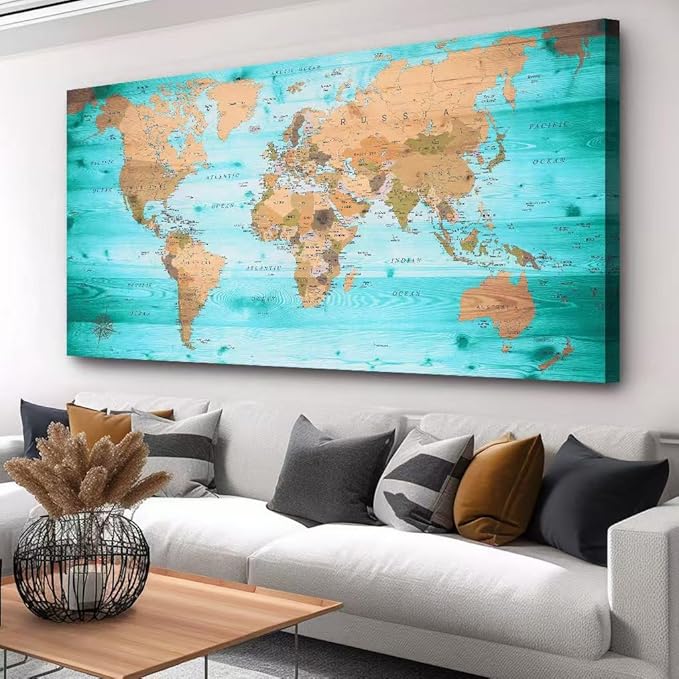 Large Wall Art Blue map of The World Painting Ready to Hang 29"x58"Large Framed by ZEYDRT