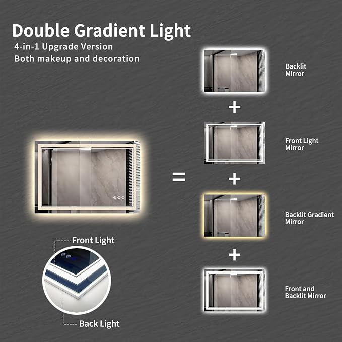 Bathroom Mirror, 44x30 Inch Gradient Front and Backlit Smart Mirror, 3 Colors - Image 4