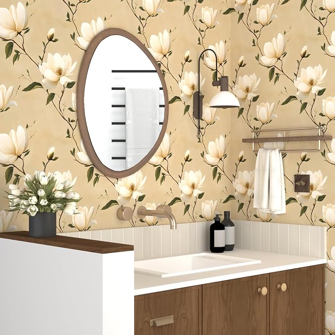 Vintage Floral Peel and Stick Wallpaper Khaki White Flowers Contact Paper - Image 7