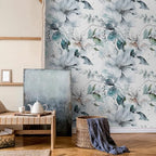 Ice Blue White Large Hyacinth Floral Green Leaf Peel and Stick Wallpaper Wall - Image 2
