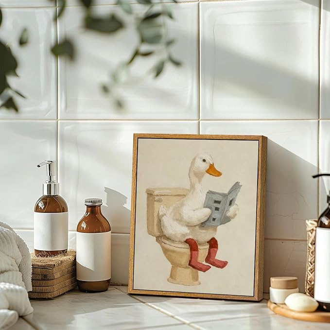 AtterrirArt Framed Funny Bathroom Wall Art, 8 * 10 inch, Cute Duck on Toilet - Image 2