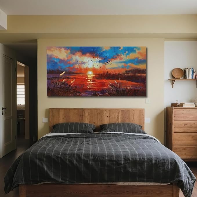 Anolyfi Sunset Wall Art for Living Room, Reed Lake Wall Decor Red Artwork for - Image 7
