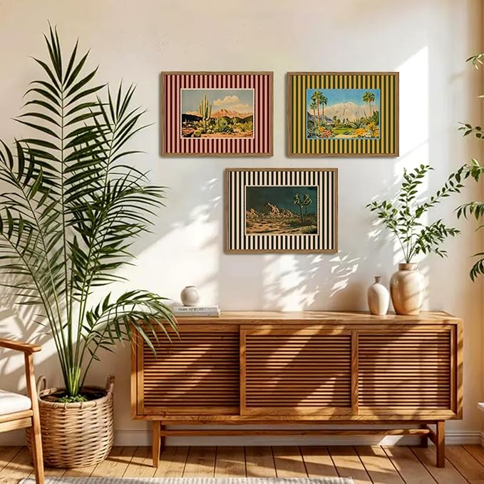 Framed Vintage Western Landscape Wall Art Set of 3, Striped Postcards Southwest - Image 3