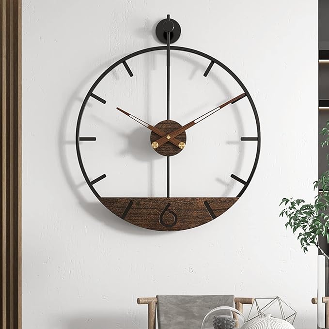 Modern Wood Walnut Dial Wall Clock, Large Simple Wall Decor Metal Frame Silent - Image 2