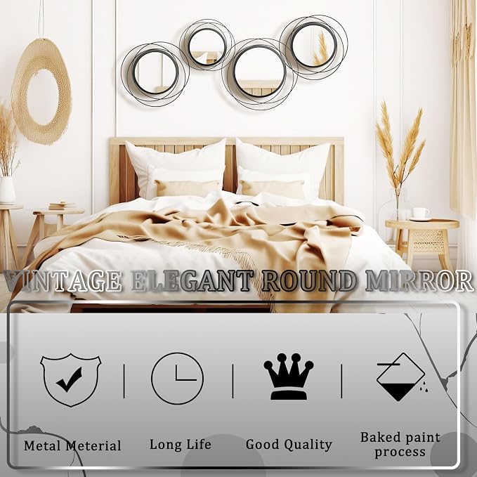 Hicarer 4 Pcs Decorative Round Modern Circle Mirror Wall Art Ring Metal Mirror - Image 4