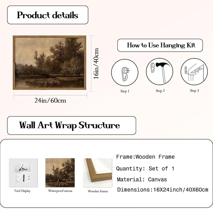 Framed Vintage Landscape Canvas Wall Art, Rustic Forest Lake Wall Decor - Image 5