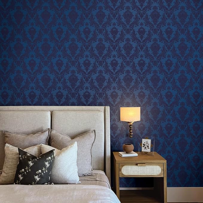Tempaper Textured Metallic Blue Damsel Removable Peel and Stick Damask Wallpaper - Image 4