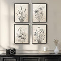 Framed Boho Vintage Botanical Wall Art, 4 Piece Black and White Floral Canvas by Cuspin
