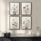 Framed Boho Vintage Botanical Wall Art, 4 Piece Black and White Floral Canvas by Cuspin