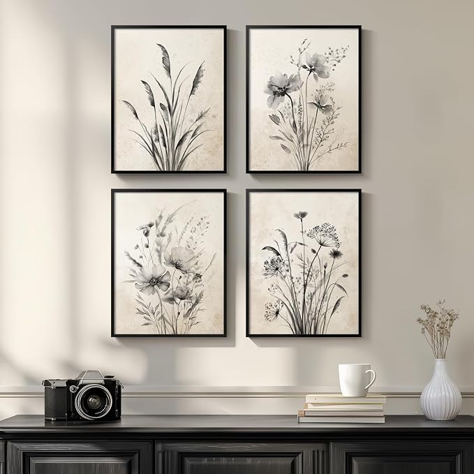 Framed Boho Vintage Botanical Wall Art, 4 Piece Black and White Floral Canvas by Cuspin