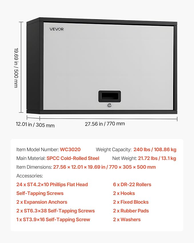 VEVOR Metal Wall Cabinet, 30.31 x 12.01 x 19.69 Inch, Floating Garage Tool - Image 8